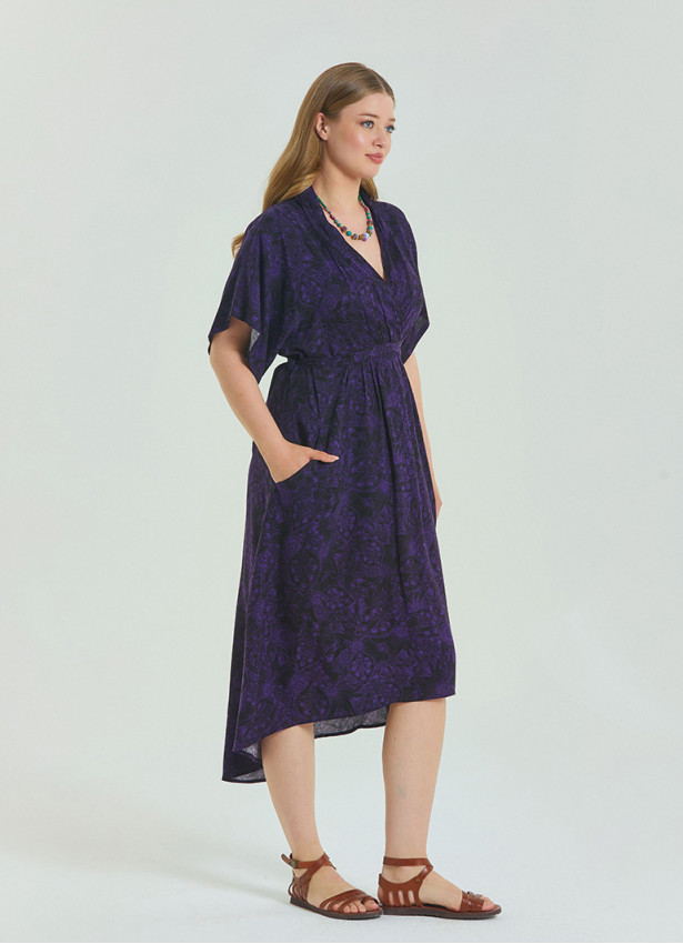V Neck Pleated Detail Purple Summer Plus Size Dress 4605